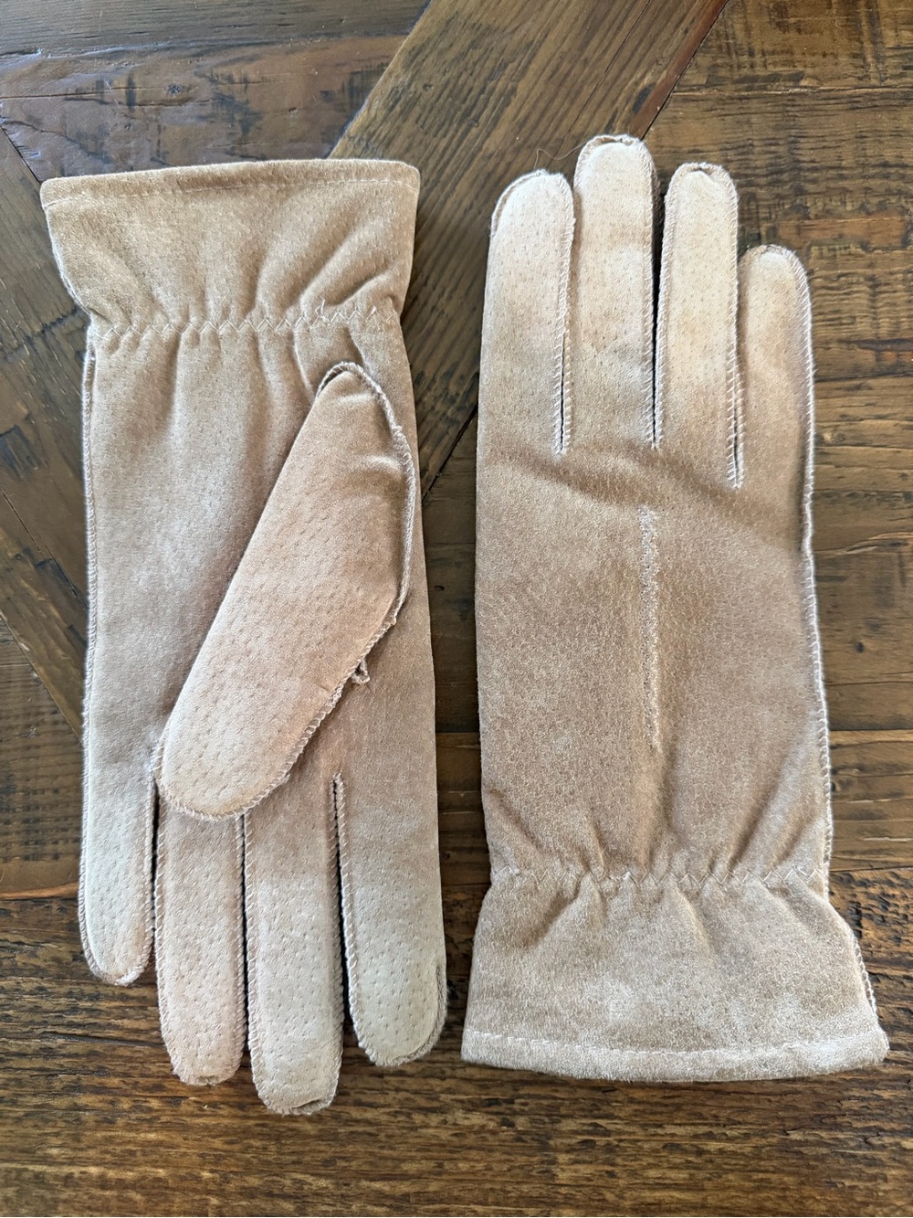 Vintage Genuine Suede Leather fleece lined Gloves XL Taupe Three Point Stitch